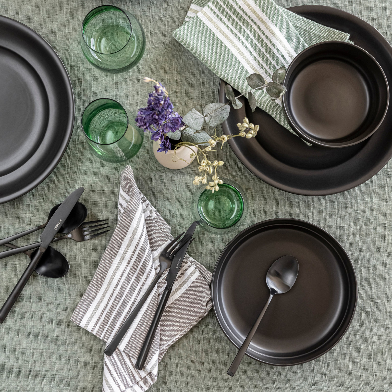 over&back Rimmed 12-Piece Semi Hand-Finished Stoneware Dinnerware Set, Service for 4, Black