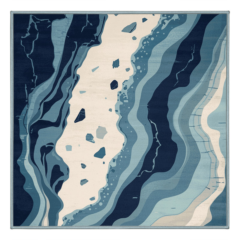Tapis bohémien doux et moelleux à motif abstrait brun - Reliure bleu ciel, Carré 5 pi