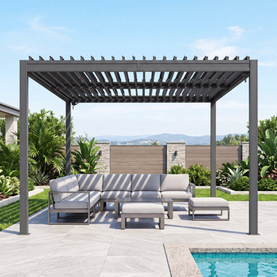 Domi Patio Outdoor Metal Louvered Pergola with Adjustable Roof and Drainage System