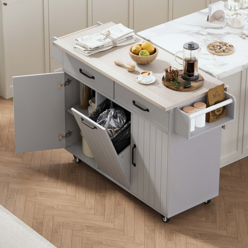 Kitchen Island with Tilt-Out Trash Storage, Rolling Kitchen Cart with Drop Leaf, Drawers, Spice & Towel Rack, Adjustable Shelves