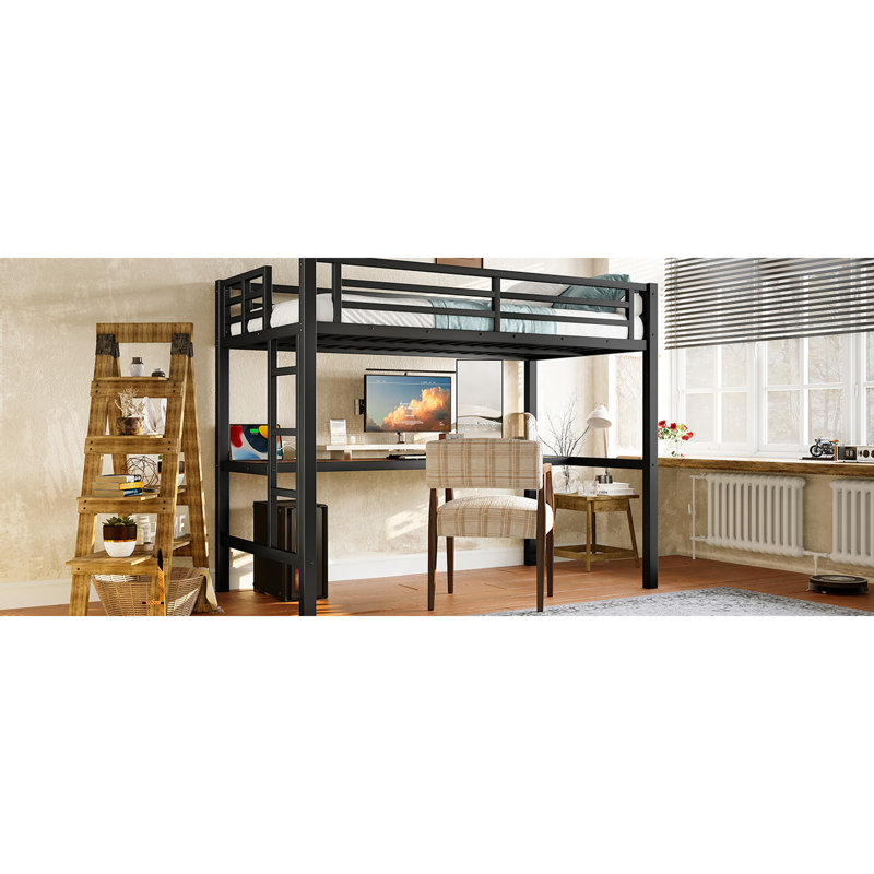 Lit mezzanine simple en métal noir avec prise de courant, DEL, bureau pour les jeux et les loisirs productifs, espace, réduction du bruit, cadre solide, station de charge, bricolage, protection, installation rapide