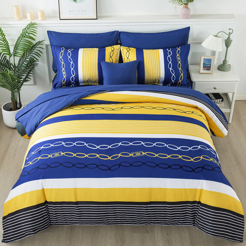 Ensemble d'édredon à rayures 8 pièces Boho, Bleu jaune, Édredon grand + 7 articles supplémentaires