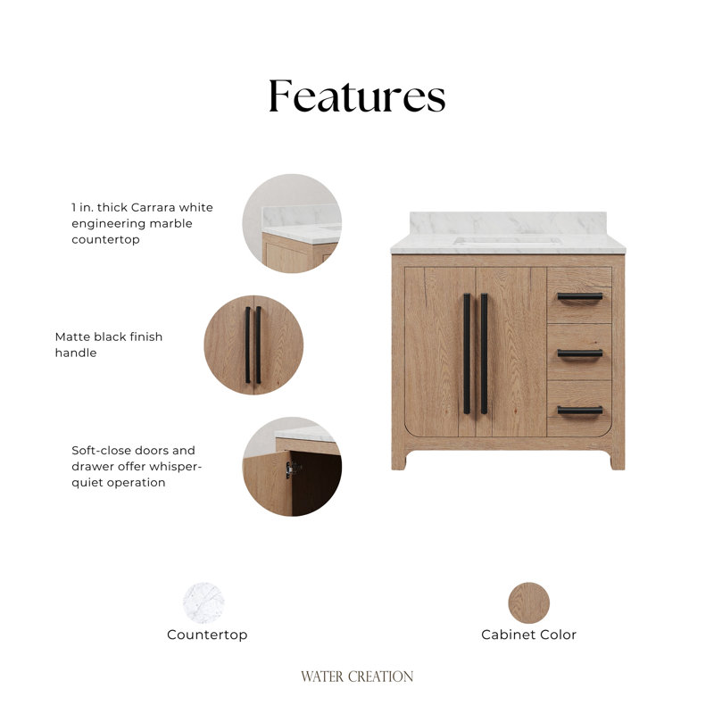 Graelyn 36 In. Single Rectangle Sink Bathroom Vanity With Engineered Carrara White Marble Top In Weathered Oak