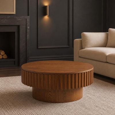 Table basse ronde à tambour cannelé avec couvercle amovible et rangement caché spacieux, table de cocktail nervurée en bois massif, table de centre de style campagnard