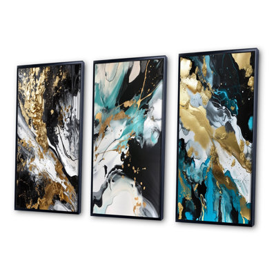 Pleine lune bonheur doré et turquoise abstrait III - Ensemble de 3 peintures abstraites