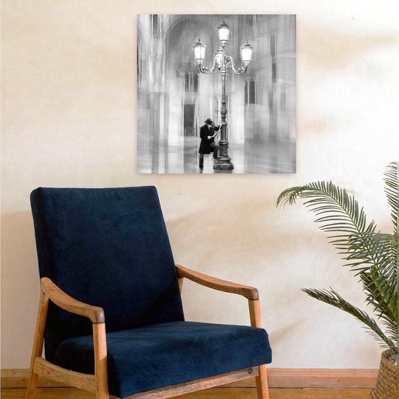 Man By Lamppost Classic Elegant Gothic Architecture City Wall Art Print 1 Piece Wrapped Canvas Wall Art