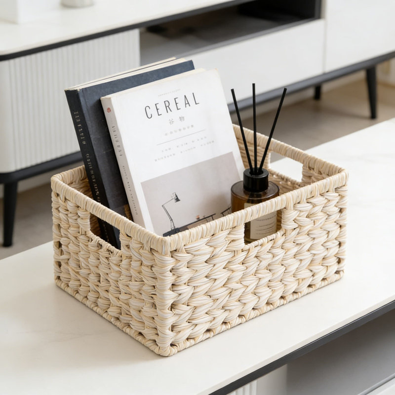 Wicker Storage Baskets With Handles, Waterproof Woven Organizer Bins For Shelves, Durable Plastic Rattan Design For Pantry, Bathroom, And Home Decor