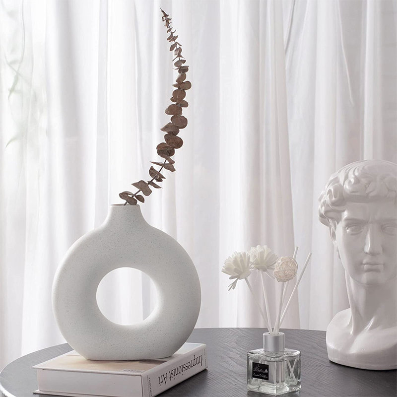 Branach Nordic Style Ceramic Round Vase in White, 14cm H x 13cm W x 1.5cm D