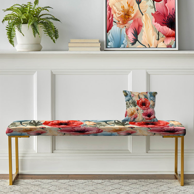 Rouge et beige Poppy Mosaic Melody - banc rembourré éclectique doré