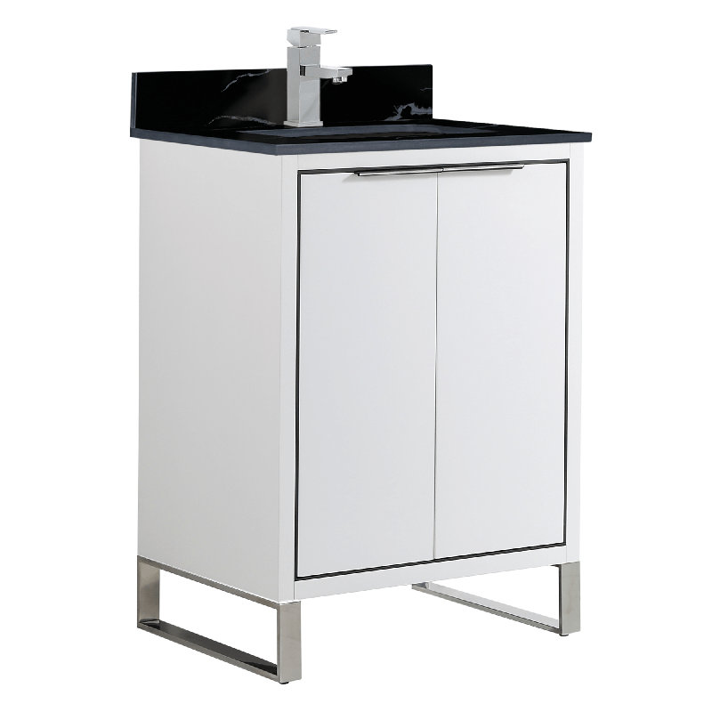 24'' Single Bathroom Vanity with Stone Top, Chrome, White Matte