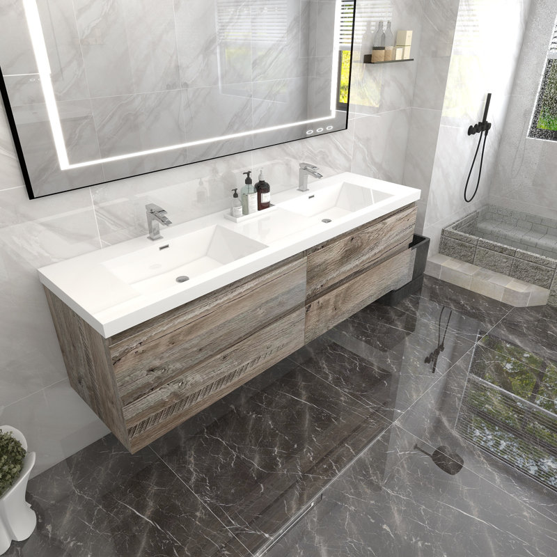 Damilola 72 " W Wall Mounted 2 Double Vanity Bathroom Vanity With Acrylic Top, Natural Wood