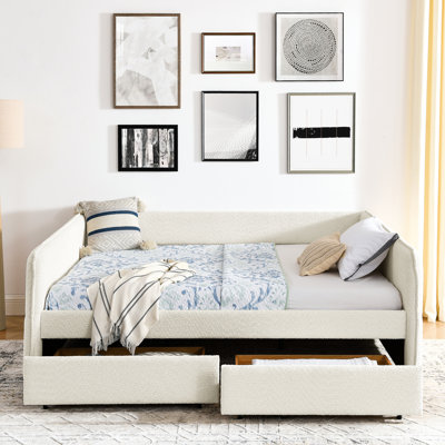 Queen Size Upholstered Daybed With Trundle And 2 Storage Drawers, Beige Boucle Material, 88"x65.5"x29.5", Vertical Stripe Design On , Optimal Comfort Padding, Hassle - Assembly Fabric, Foam Sides,