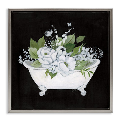 Charming Floral Bathtub Gold Framed Floater Canvas Wall Art by Janet Tava
