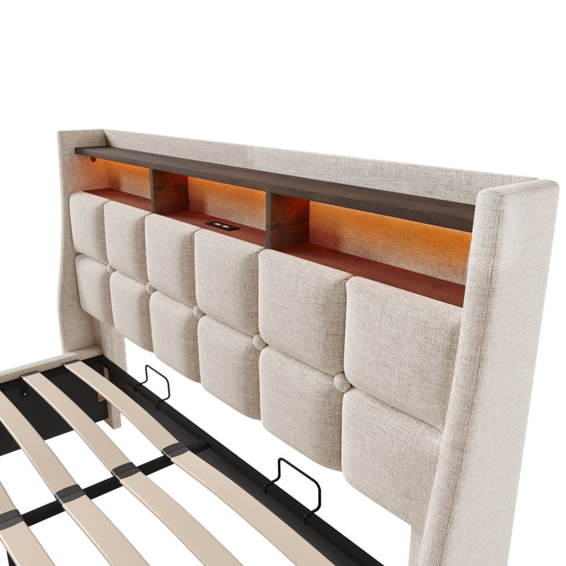 Storage Bed With Led And Usb Linen, Beige, Kingsize (5')