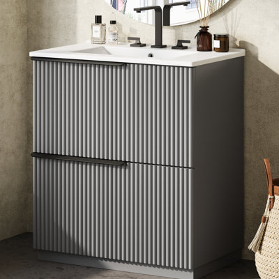 Meuble-lavabo de 30 po en gris, avec lavabo en céramique, système à deux tiroirs, fonction de fermeture en douceur, apparence cannelée, cuve de déversement, trous de robinet pré-percés de 8 po, structure de 17,5 po, comptoir gris brillant