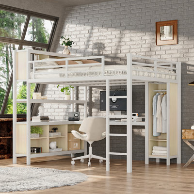 Lit mezzanine en métal avec garde-robe et bureau en forme de L, lit mezzanine grand avec cubes de rangement et tablettes, lit mezzanine robuste pour enfants, adolescents, adultes, grain de bois blanc