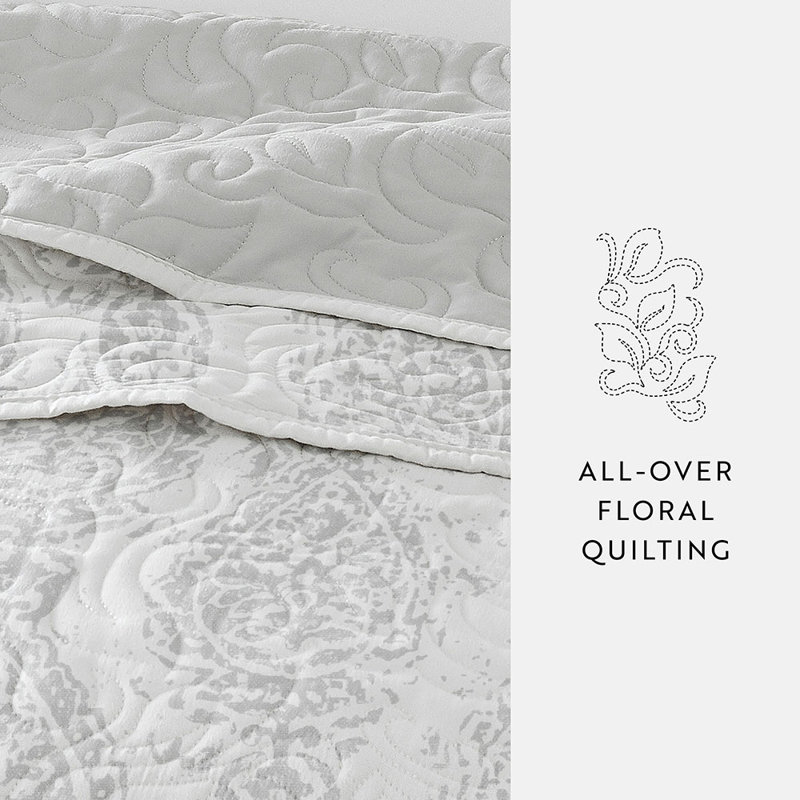 Quilt Coverlet Set All Season Patterned Reversible Microfiber Ultra Soft Bedding in Classic Damask, Gray