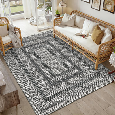 Washable Geometric Bordered Non-Slip Indoor Carpet Imitation Braided Texture Digital Printed Area Rug for Living Room Foldable