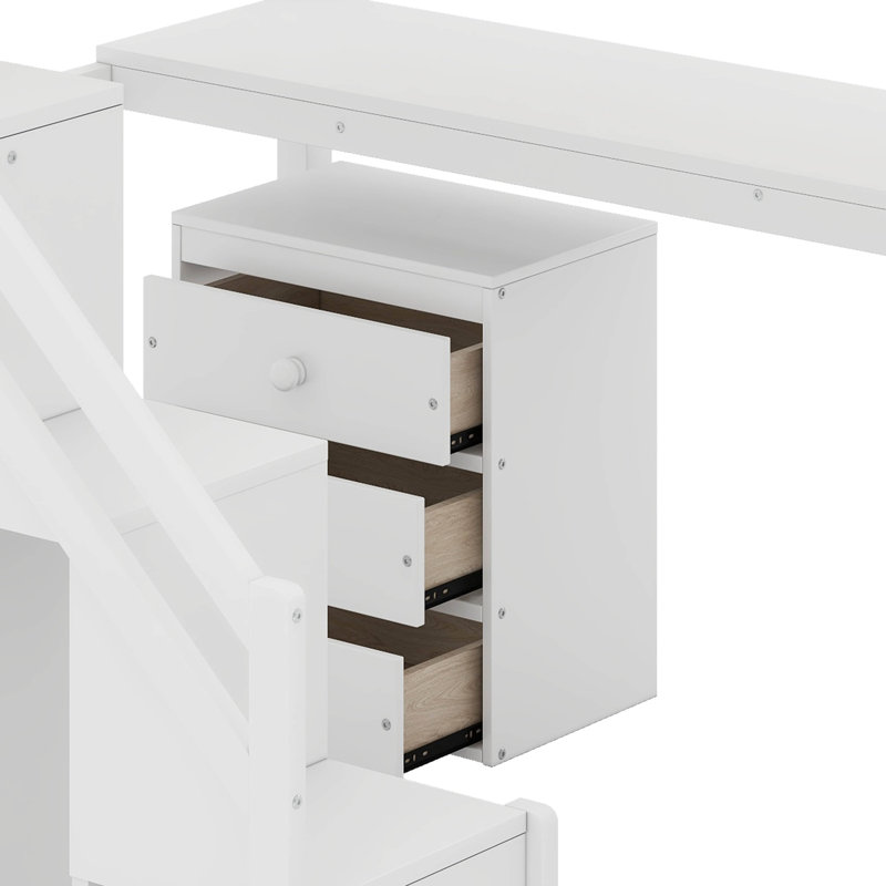 Lit mezzanine avec bureau, commode à 2 tiroirs avec tiroir, DEL, armoire ouverte, Lit simple, Blanc