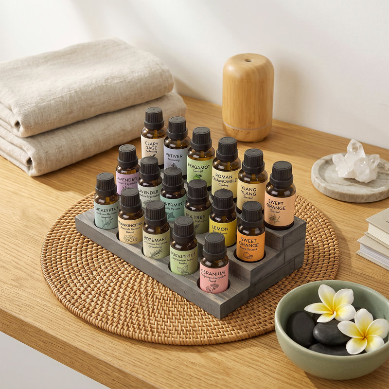 Présentoir à huile essentielle en bois Lukka - Support de comptoir gris à 17 niveaux 3 niveaux, Gris