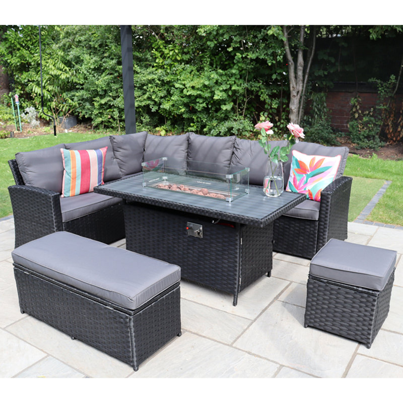 Rosen 9 Seater Corner Sofa  Set With Fire-pit Dining Table With Storage Box & Rain Cover, Black