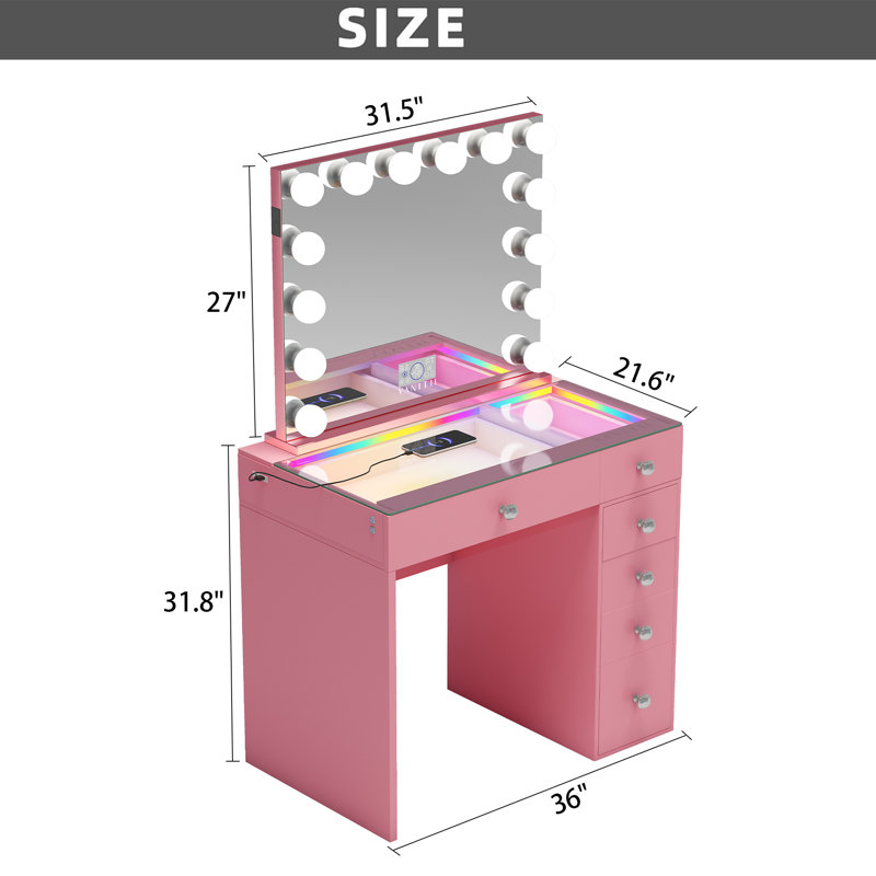 Makeup Vanity Set with LED Lighted Mirror HD Glass Top Built-in RGB Light Strips 6 Drawers, Pink