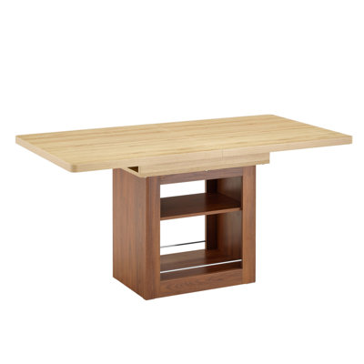 An expandable dining table with storage space, a 59 inch to 71 inch expandable kitchen dining table. Wood color rectangular pull table with sturdy MDF frame in walnut color, accommodating 4-8 people.