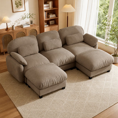 3 Seater U-Shaped Cloud Feel Modular Sofa Set with Single Movable Ottoman, Plush Chenille Deep Seat Couch, Flexible Free Combination for Family Living Room