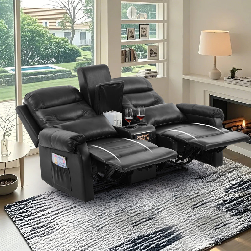 65.7" Modern Manual Reclining Loveseat Sofa With Storage Console And Cup Holders, Black