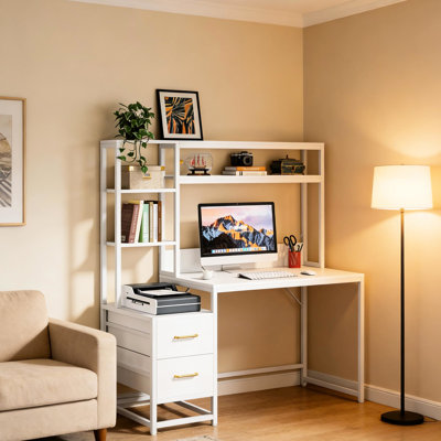 Bureau d'ordinateur blanc de 55 pouces avec huche, 2 tiroirs et tablettes ouvertes - Bureau de bureau à domicile moderne avec rangement, bureau d'écriture et poste de jeu pour bureau, chambre à coucher ou petits espaces