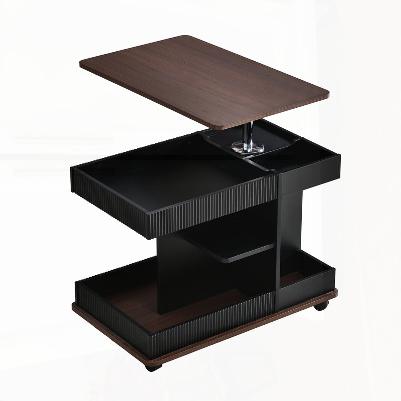 Table de bout réglable avec roulettes, plateau tournant à 360 °, espace de rangement, texture grain de bois et motif à rayures verticales