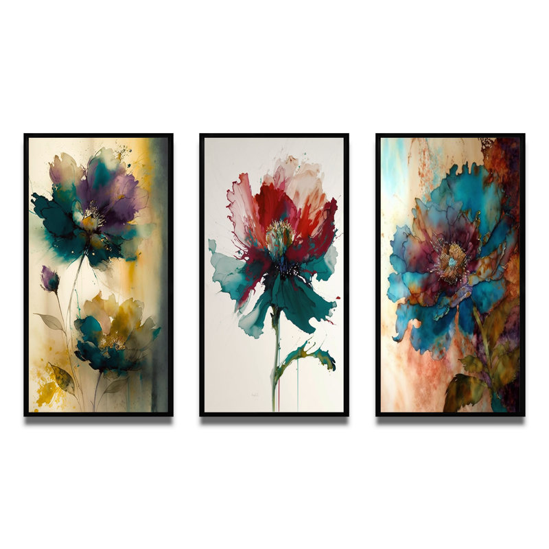 «Delicate Blossoming Pansy Flower Retro», 3 pièces, Cadre flottant noir, H 28 po x l 36 po