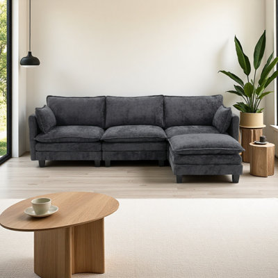 Modern Chenille Sofa Set, 3-Seat Couch with Individual Matching Ottoman, Modular Living Room Furniture with Built-in USB Ports and Side Pockets