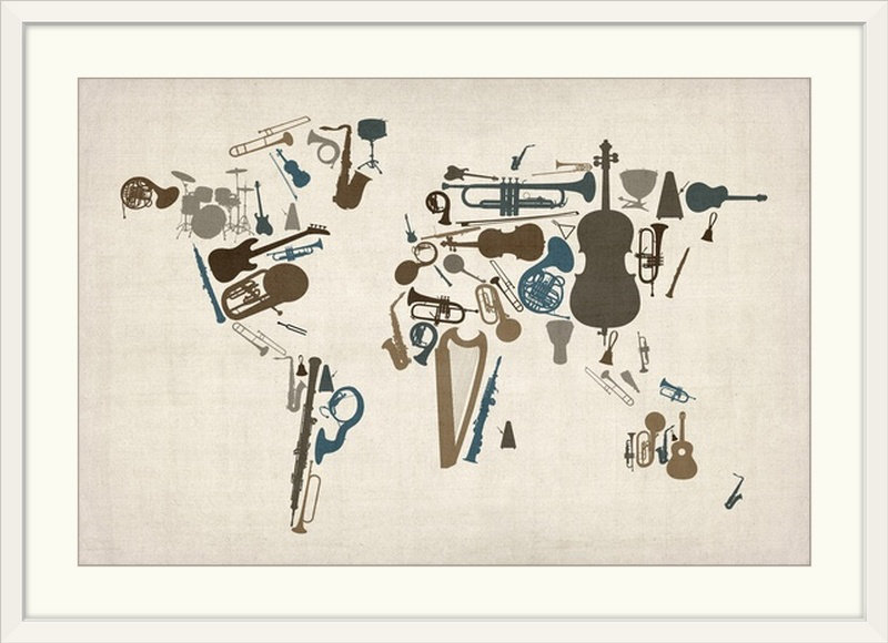 Francy «World Map» par Aniesha, impression, H 24 po x l 32 po x P 1 po, Cadre blanc