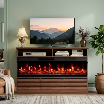 Meuble télé moderne avec canalisation électrique 50 po, 3 tiroirs, flamme DEL, pour téléviseur de 65 po ou moins, brun / blanc / noir