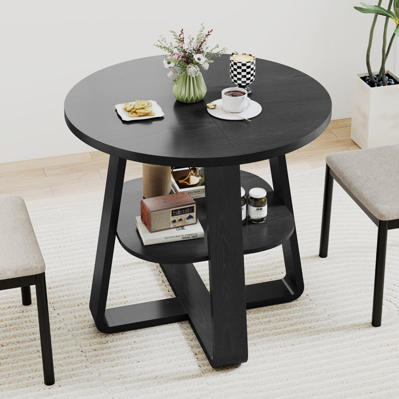 Small Dining Table, 31.5 Inch Farmhouse Round Dining Table, Circle Kitchen Tables With Shelf, Black