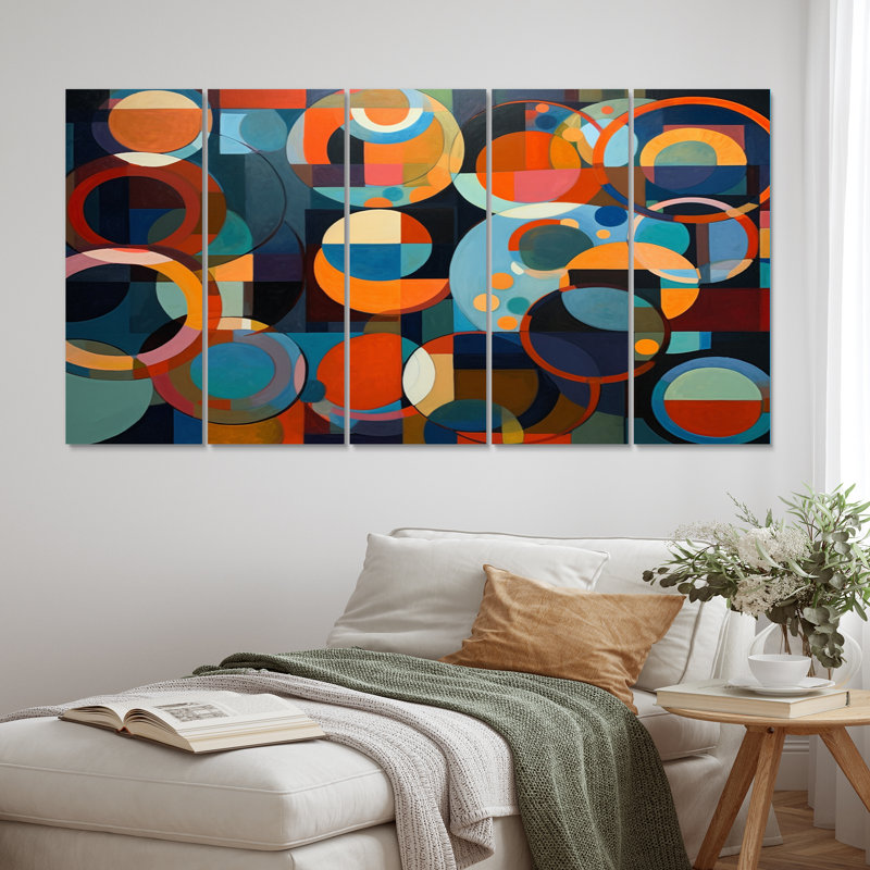 «Orange Blue Geometrie Unleashed I», art abstrait sur toile, 5 panneaux égaux