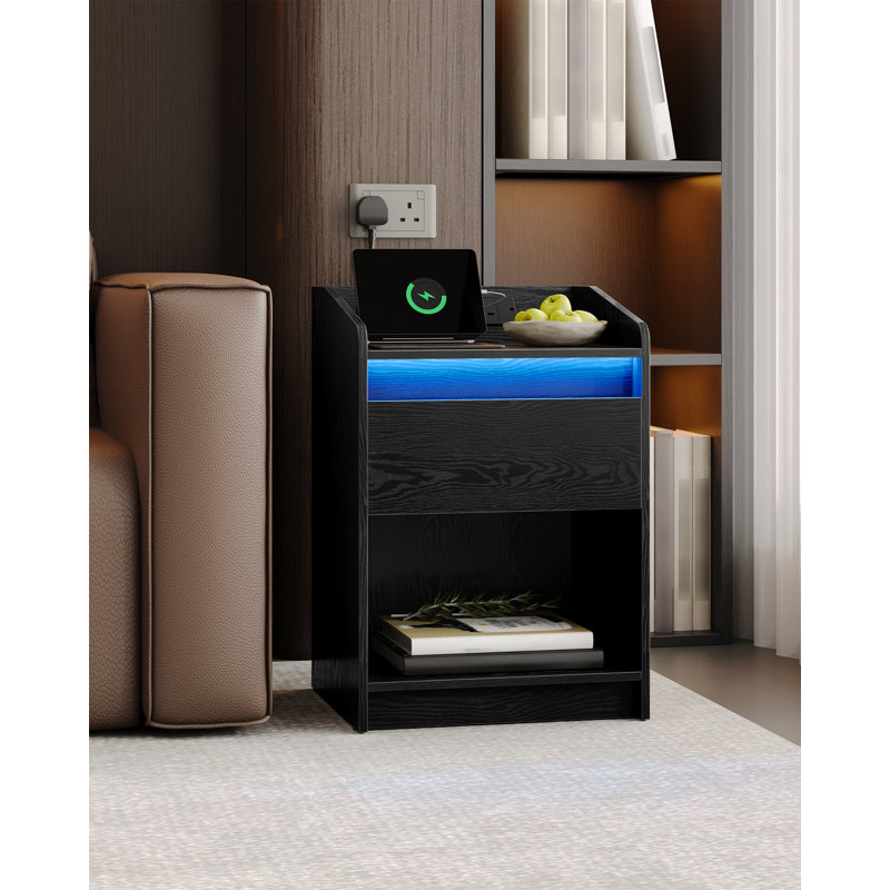 Bedside Table Set of 2 with LED Light, Bedside Cabinet with Charging Station, 1 Storage Drawer Nightstand for Bedroom, Living Room, 2 USB Port, 2 Outlets, Open Compartment