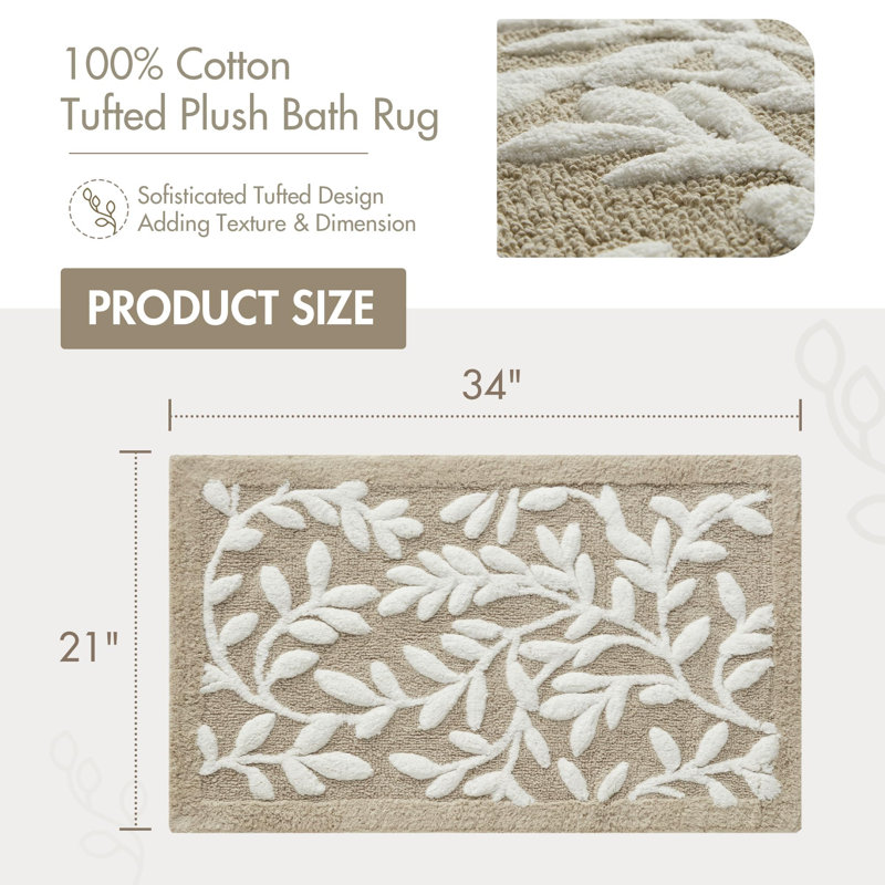 Tapis de salle de bain 100% coton touffeté à motif floral de haute et basse capitonnage, tapis de bain luxueux à poils moyens de qualité supérieure, séchage rapide, décor de salle de douche, taupe 21 x 34