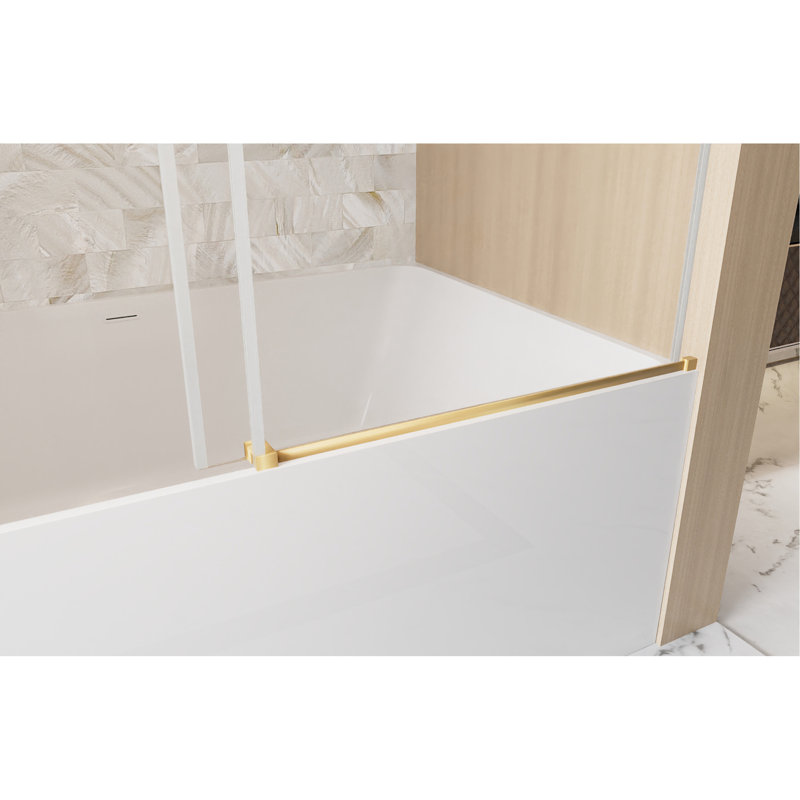 Frameless Single sliding shower door  56-60 "W x 60" H, 1/4 "(6 mm) Clear Tempered Glass, Explosion Proof Film, Stainless Steel Handle Square Tube Track ,Brushed Gold