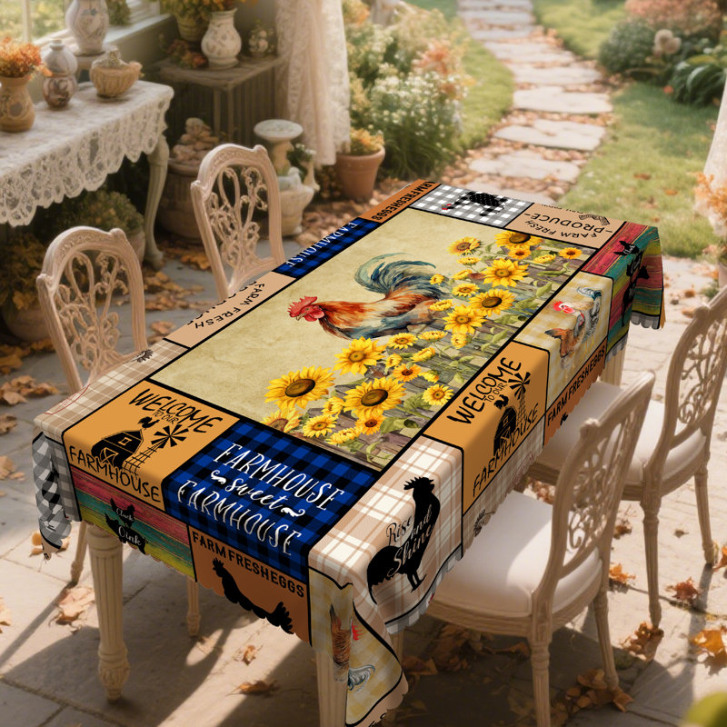 1pc Rustic Farmhouse Rooster Tablecloth, Vintage Rooster Theme Table Cover, Rectangular & Round Tablecloths For Parties, Picnics, Cafes & Family Gatherings, Durable Polyester Decorative Table Cloth Setting, Room & Outdoor Decor, Kitchen Accessories