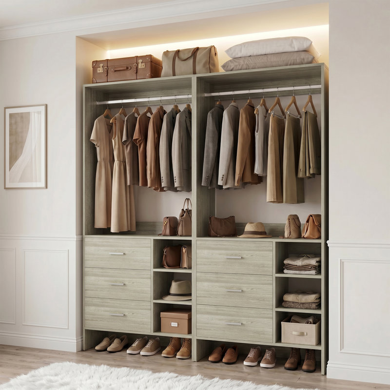 5ft Closet System with Wooden Drawers and Hanging Rods, White Oak