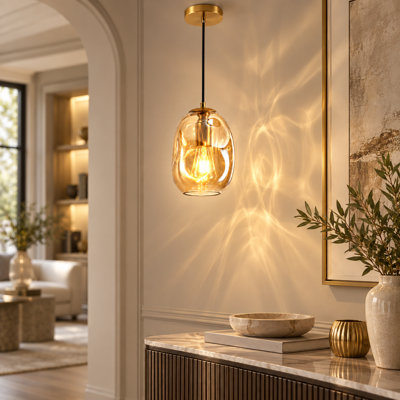 Modern Irregular Hand-Blown Clear Glass Pendant Light with Brushed Gold Finish, E26 Single Hanging Ceiling Light Fixture (2-Pack)