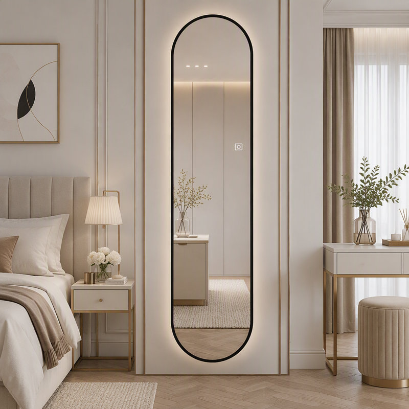 Miroir mural pleine longueur à DEL dimmable en forme de capsule de 65 po x 18 po avec cadre noir