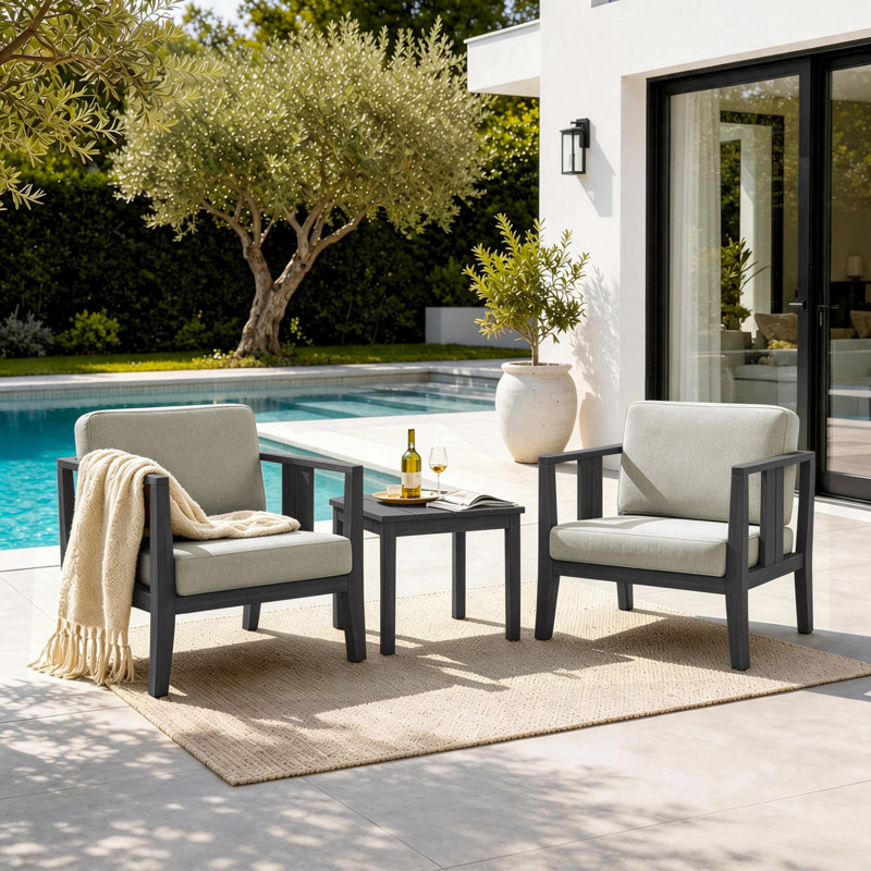 Junco Teak Outdoor Two-Person Patio Set With Cushions And Side Table, Light Camel, Black