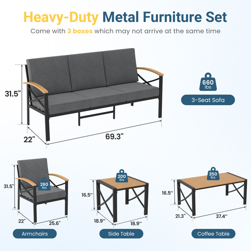 Ensemble de patio extérieur pour 5 personnes, ensemble de conversation extérieur avec coussins résistants aux intempéries, ensemble de mobilier de patio robuste en métal pour la cour arrière, la piscine