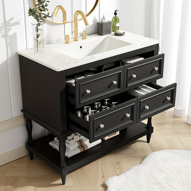36" Black Bathroom Vanity - Free Standing (undermount Sink, 4 Drawers, Solid Wood)