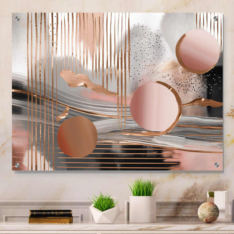 Décoration murale acrylique rose, cercle rose et or chaos IV - formes modernes abstraites, H 12 po x l 20 po