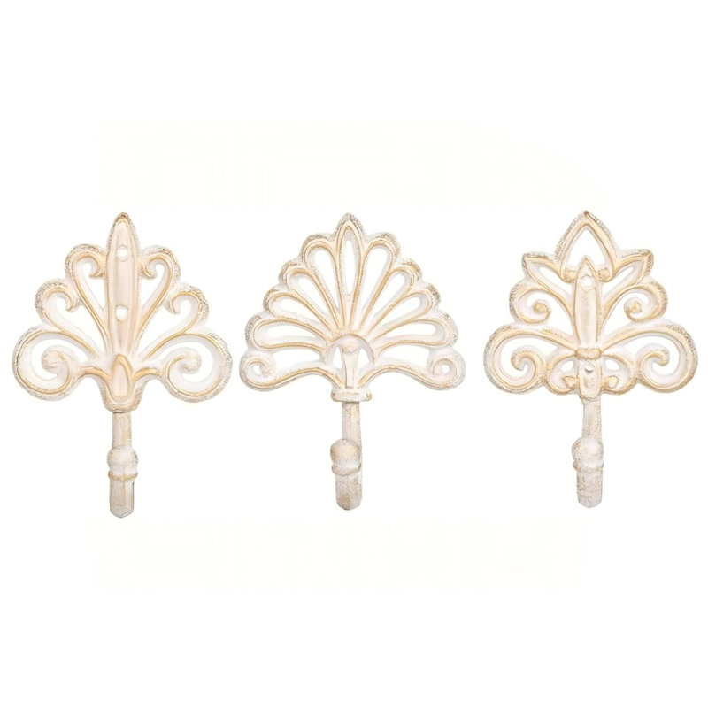 Ensemble de 3 crochets muraux décoratifs en fonte – Design orné vintage avec finition blanche vieillie – Supports muraux rustiques et robustes