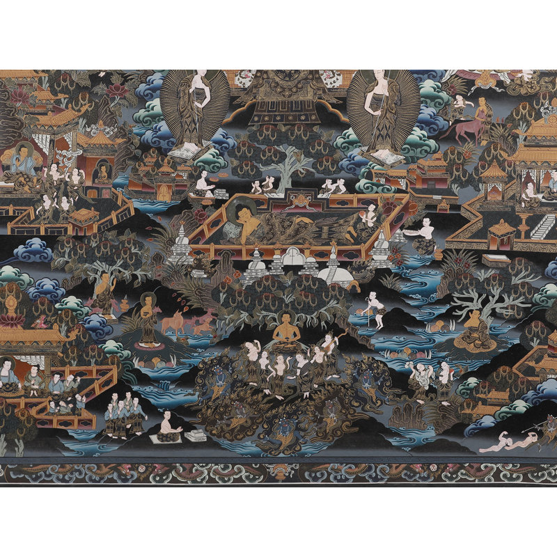 Art mural des lumières du Bouddha Shakyamuni - Thangka tibétain peint à la main avec détails en or 24 carats, grande attention et décor zen H 38 po x l 28 po